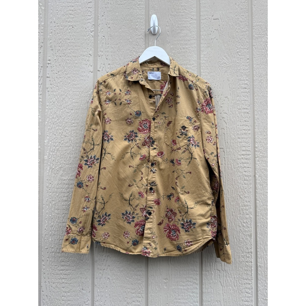Your Neighbors Small Floral Shirt Boho Cotton Button Down Mustard Tan